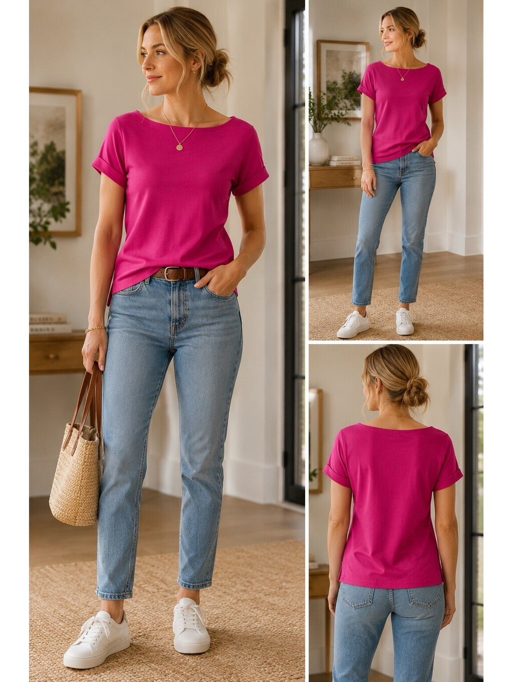 Lauren Ralph Lauren Women’s Large Pink Fuchsia 100% Cotton Boat Neck Top